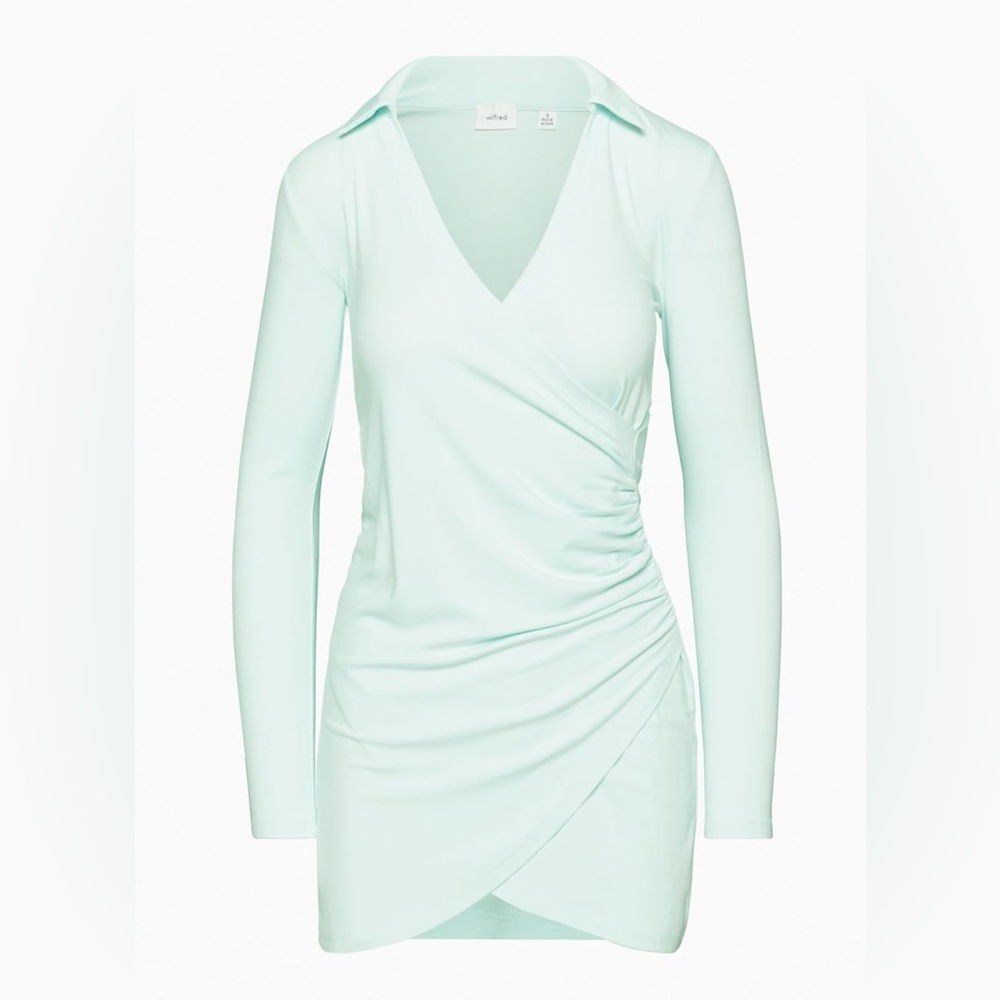 Aritzia Wilfred Snowmelt Blue Seven V Neck Collared Ruched Wrap Mini Dress (XS) - Picture 6 of 8